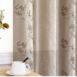 Faux Silk Floral Embroidered Grommet Top Curtains Embroidery Curtain 63” L Taupe